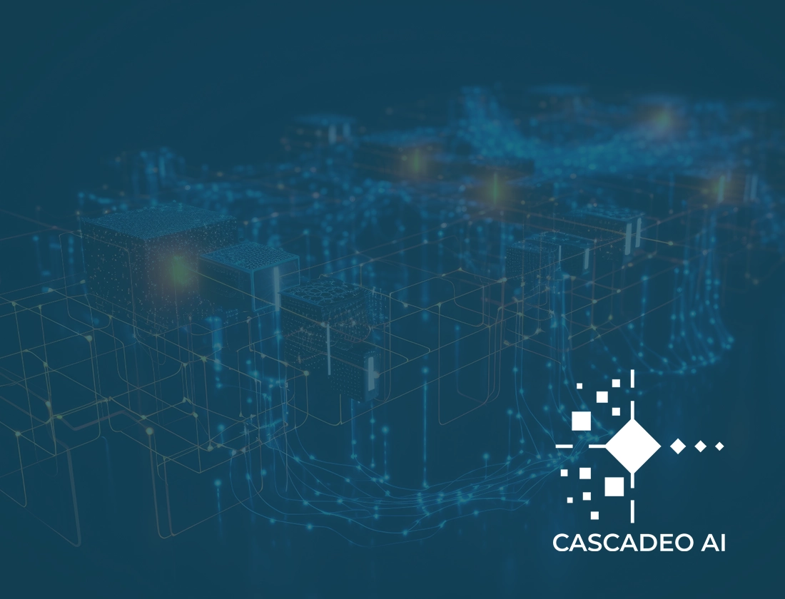 Decorative image of connected networks behind a blue overlay with the Cascadeo AI logo in white.