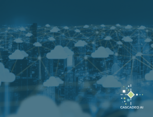 Decorative image of many connected clouds behind a blue overlay with the Cascadeo AI logo in the lower right. 
