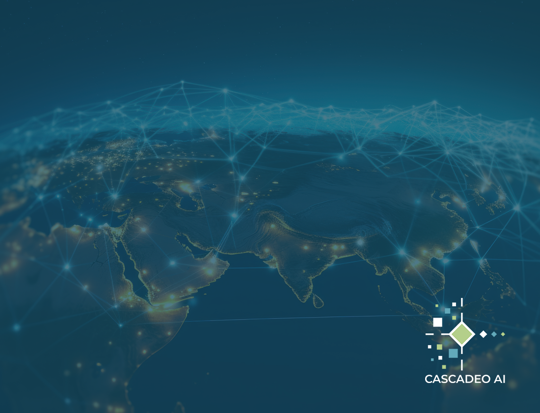 Decorative image of a digitally connected world with the Cascadeo AI logo.